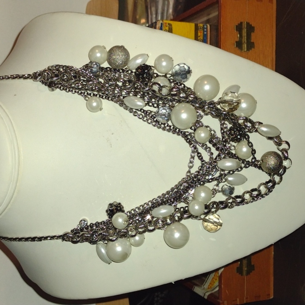 22" Lane Bryant Multi-strand Silver/Black Plate Chain/Faux Pearl Bib Necklace
